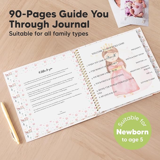 First 5 Years Baby Memory Book Girl, Boy - 90 Pages Hardcover First Year Milestone Keepsake Book, Newborn Scrapbook for New Parents, Minimalist Photo Album Journal,Gift for Baby Shower(Fairytale Land)