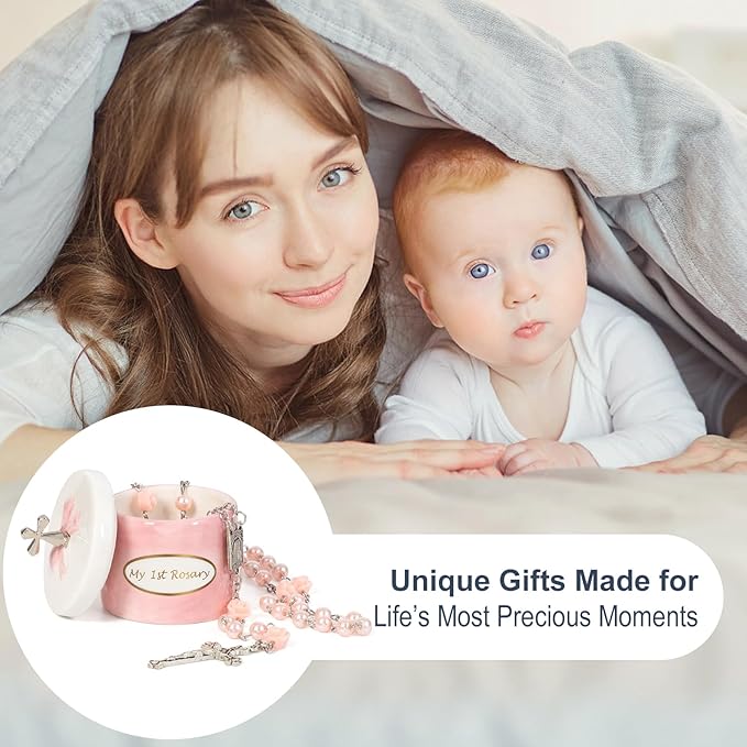 Baptism Gifts for Girl My First Pink Rosary Keepsake Box – Catholic Pink Rosary Box for Kids, Christening Baptism Decor for Kids, First Communion Keepsake Set from Godmother, Baby Girl Dedication Gift