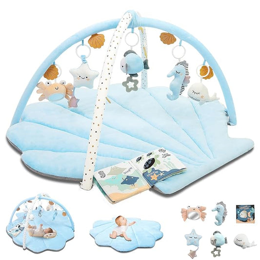Baby Play Gym Mat, Oversize Tummy Time Activity Mat for Babies 0-6 Months, Shells Shaped Baby Play Mat with 6 Detachable Toys, Baby Mat for Floor Sensory Exploration Motor Skill Development (Blue)