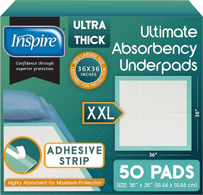 Inspire Extra Large Super Absorbent Disposable Bed Pads for Incontinence Ultra Thick and Absorbent Bed Pads Disposable Adult | Puppy Pads | Pee Pads for Adults (36" X 36" Pack of 50 W/ Adhesive)