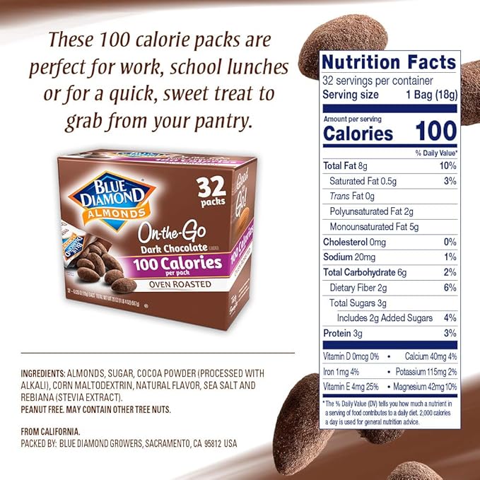Blue Diamond Almonds Dark Chocolate Cocoa Dusted Snack Nuts, 100 Calorie Packs, (Pack of 1, 32 Count Toal)