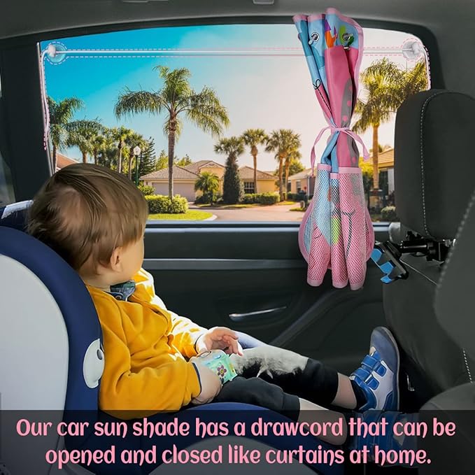 Car Sun Shade for Window Baby, 2 Pack Full Shade Window Shades with Storage Net Pocket, 7 Suction Cups, Cute Elephant for Sun/Heat/UV Rays Protection, Kids