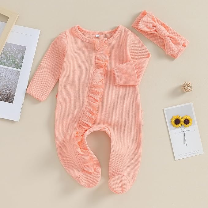 Newborn Girl Clothes Baby Girl Coming Home Outfit Zipper One-piece Outfits Ruffle Footie Bodysuit Jumpsuit Headband