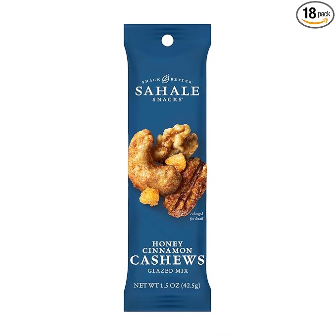 Sahale Snacks Honey Cinnamon Cashews Glazed Mix, 1.5 oz Bags (18 Packs) - Dry-Roasted Deluxe Mixed Nuts - Walnuts, Pecans & Dried Apples - Non-GMO, Kosher, & Certified Gluten-Free Snacks