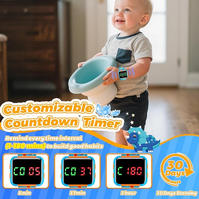 Potty Training Watch and Board Book for Kids: Water Resistant Potty Watches for Toddler Boys Rechargeable Toilet Reminder Dinosaur Toddler Watch 1-3 Birthday Gifts for 2 3 4 Year Old Boy (Blue)