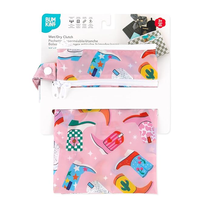 Bumkins Waterproof Wet Dry Clutch Bag for Baby, Travel, Swim Suit, Cloth Diapers, Pump Parts, Pool, Gym Clothes, Toiletry, Hook to Stroller, Pack for Daycare, Zip Bag, Packing Pouch, Cowgirl Boots