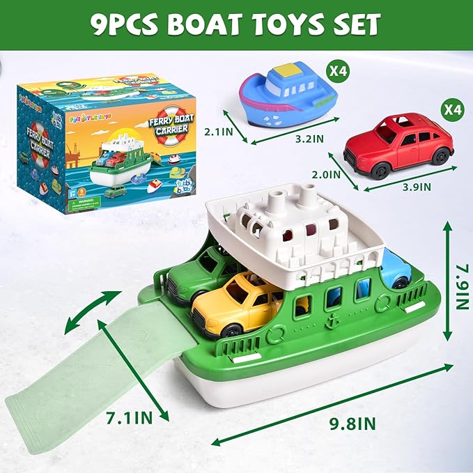 Toy Boat Bath Toys for Toddlers with 4 Mini Car Toys and 4 Bath Boat Squirters, Kids Ferry Boat for Bathtub Bathroom Pool Beach Toys