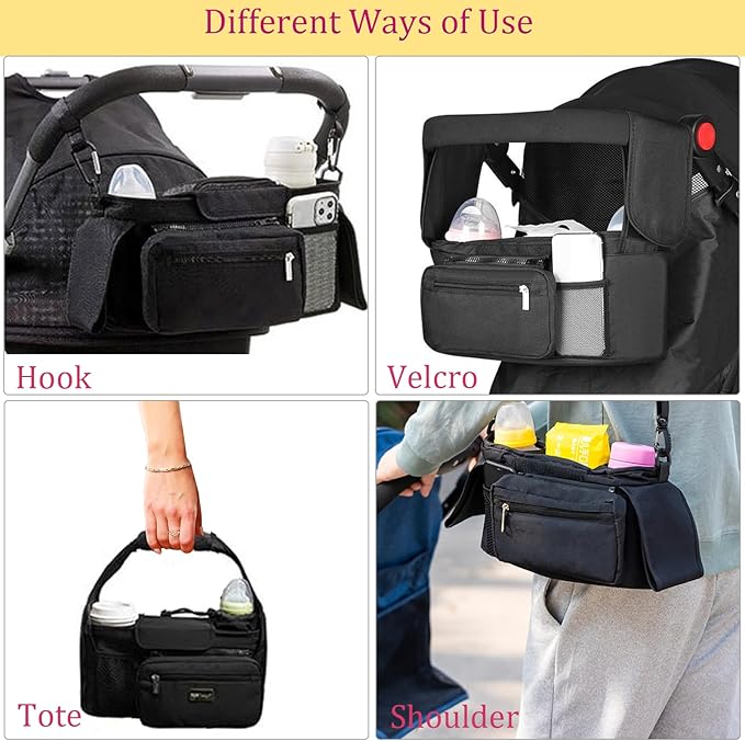 HOINCO Universal Baby Stroller Organizer，with Heightened Insulated Cup Holder,Detachable Phone Bag,Shoulder Strap and Mesh Bag，Fits Most Strollers.