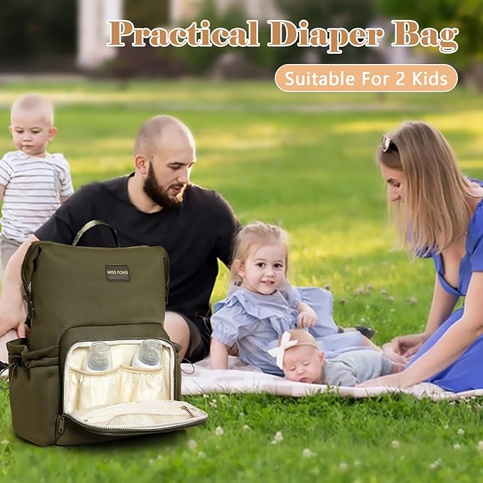 miss fong Diaper Bag Backpack - Baby Diaper Bag Neoprene Bag Large Capacity Neoprene Backpack with Diaper Changing Pad with 12 Pockets for Mom & Dad -Green