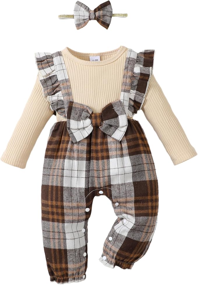 Newborn Infant Baby Girl Clothes Fall Winter Plaid Long Sleeve Jumpsuit One Piece Romper Bodysuit Baby Overalls Outfits