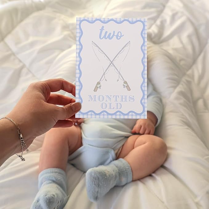 WAUAO Gingham Milestone Monthly Cards - My First Milestone Cards, Baby Shower Photo Props,Baby Milestone Monthly Memories,Boys/Girls Photo Props (blue)