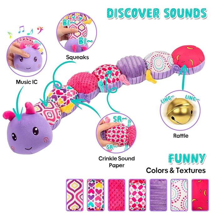 Baby Stuffed Animal Toys for 0-6 6-12 Months, Baby Musical Caterpillar Tummy Time Toys for Babies 3 6 9 12 18 Months, Newborn Infant Sensory Toys Christmas Gifts Stocking Stuffers