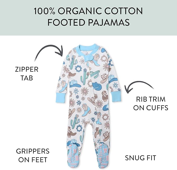 HonestBaby Non-Slip Footed Pajamas One-Piece Sleeper Zip-Front Pjs 100% Organic Cotton for Baby Girls