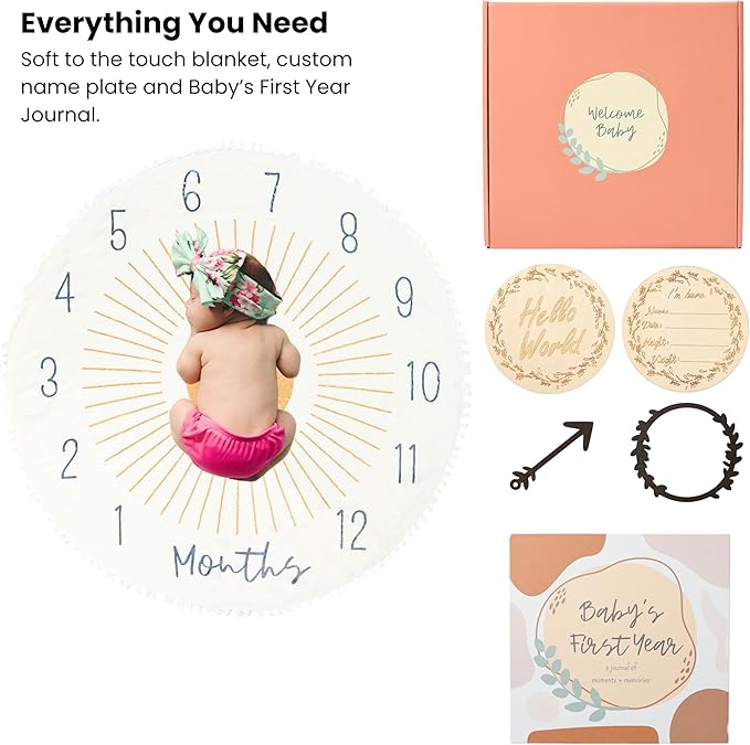 Baby Memory Book Gift Set and First Year Journal (0–5 Yrs), Milestone Blanket, Monthly Markers & Birth Announcement Sign Gender Neutral Baby Gift for Baby Showers