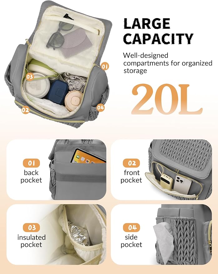 Diaper Bag Backpack, Baby Bag with Changing Pad, Travel Waterproof Diaper Bag Tote, Newborn Essentials Must Haves, Luxury baby shower gifts for boys & Girls, Grey