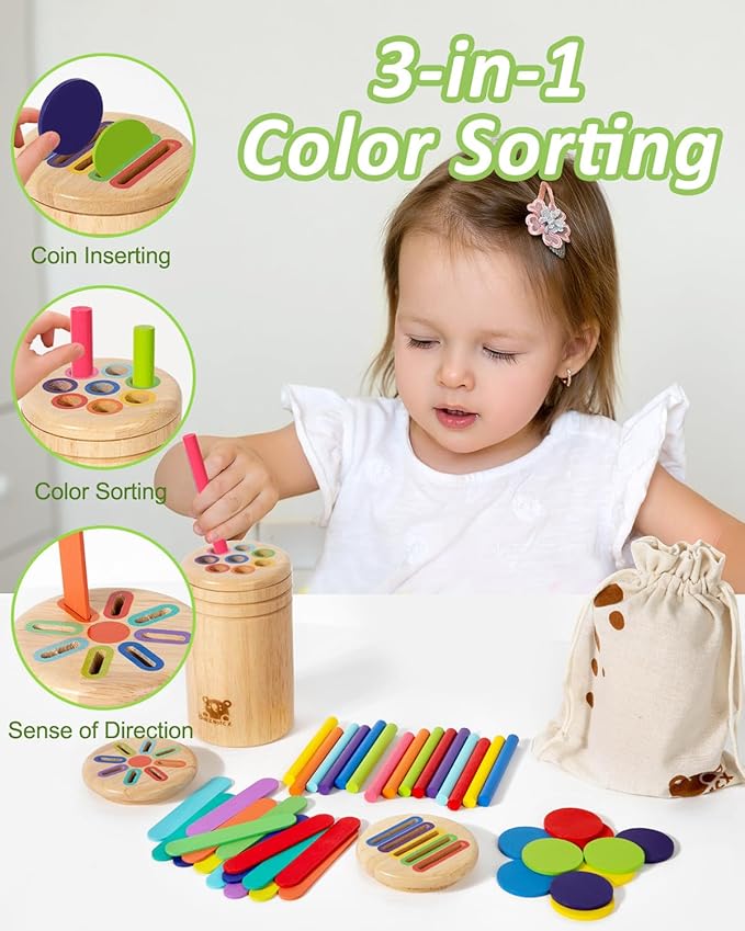 Wooden Sorting Toy for Toddlers 1-3 - Fine Motor Skills Toys，Baby Coin Bank & Color Matching Game - Sensory Educational Toy for Boys Girls TravelActivities（3in1）