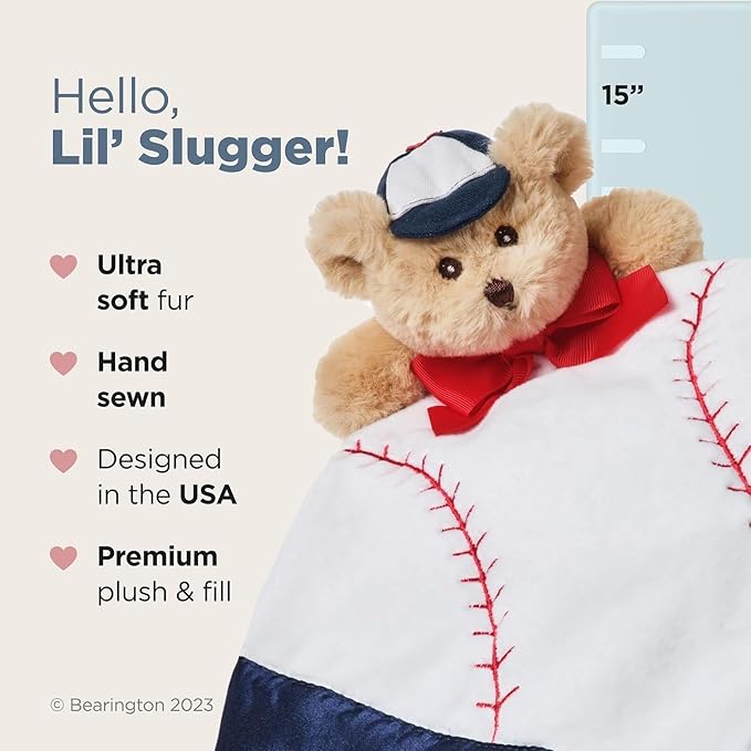 Bearington Collection Lil’ Slugger Snuggler Plush Baseball Lovey for Baby - 15 in Plush & Satin Security Blanket - Soft Teddy Bear Infant & Toddler Baseball Baby Blanket for Napping