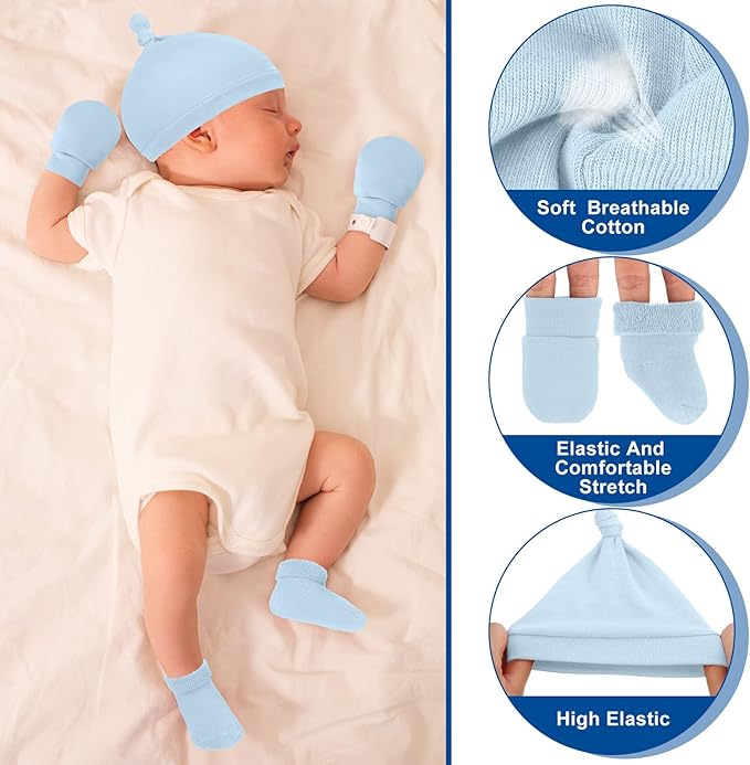 6 Pcs Preemie Hats Mittens and Socks Set Cotton Preemie Cap Knotted Hat No Scratch Warm Terry Socks for Boys Girls