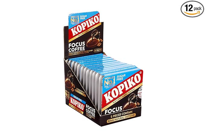 Kopiko Focus Coffee Candy – Have 80mg Caffeine per 2 Pieces for Energy & Mental Focus – Sugar-Free Hard Candy with Real Indonesian Coffee Extract (12 Pack w/4 Candies Each)
