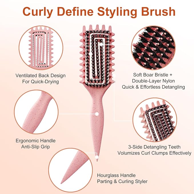 Curly Hair Brush, Curl Defining Brush with Soft Boar Bristles Detangling Tangled Glides, Wide-Teeth Design Effortlessly Shaping & Defining Curls, Curling Definer for Wet & Dry Hair (Beige)