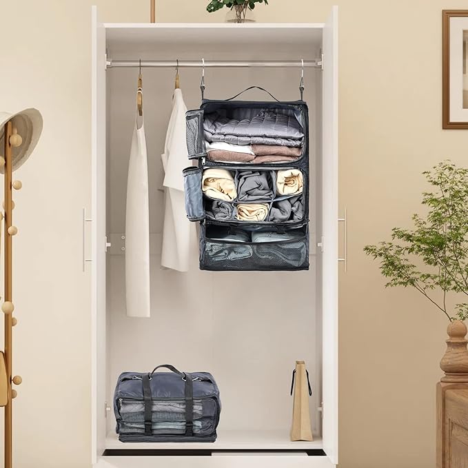 TABITORA Travel Portable Hanging Shelves Closet Organizer Packing Luggage Storage with Multifunctional and Foldable Invisible Compartment,Lightweight, for Suitcase, RV,Closet…Grey,XXL