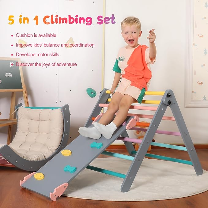 Pikler Triangle Set with Cushion Large, 5 in 1 Toddler Climbing Toys Indoor, Montessori Foldable Climbing Set for Kids, Wooden Playground Jungle Gym with Ramp, Arch and Ladder(Color-A)