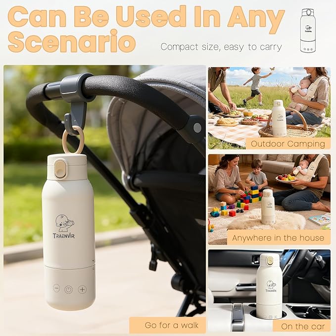 Portable Bottle Warmer for Travel, 17oz Baby Bottle Warmer on The Go for Fast Heating Breast Milk & Water Removable Long Battery, Smart Temp Control for Vehicle, Car, Airplane & Journey