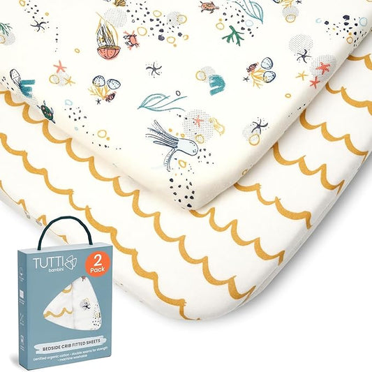 Tutti Bambini Premium Bassinet Sheets (2 Pack) - Soft & Breathable Bamboo Jersey, Double-Strength Bedside Sleeper Sheets, Fits Mattresses from 20.8 x 31.5 in to 23.6 x 35.4 in (Our Planet)