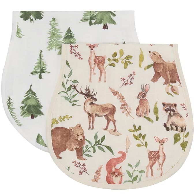 LifeTree Muslin Baby Burp Cloths - Soft 2 Pack Viscose from Bamboo Cotton Large 22'' by 10'' Absorbent Milk Spit Up Rags - Burping Cloths for Newborn, Girls Boys, Woodland Animals & Pine Tree
