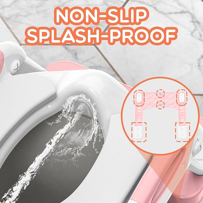 Potty Training Seat, SKYROKU Upgrade Toddler Toilet Seat for Kids Boys Girls, 2 in 1 Potty Training Toilet, Splash Guard Anti-Slip Pad Step Stool,New Sector-Shape Stabilized Base and heavier (Pink)
