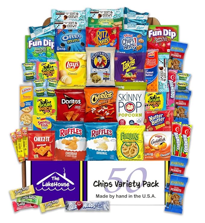 Chips Variety Pack 50 Count - Gift Basket Care Packages for College Students, Kids, Adults - Individually Wrapped School or Office Snacks with Variety Chips, Cookies, Candy from The LakeHouse