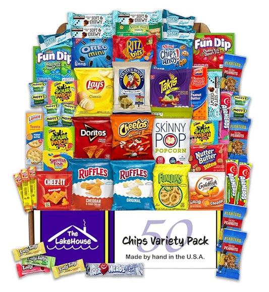 Chips Variety Pack 50 Count - Gift Basket Care Packages for College Students, Kids, Adults - Individually Wrapped School or Office Snacks with Variety Chips, Cookies, Candy from The LakeHouse