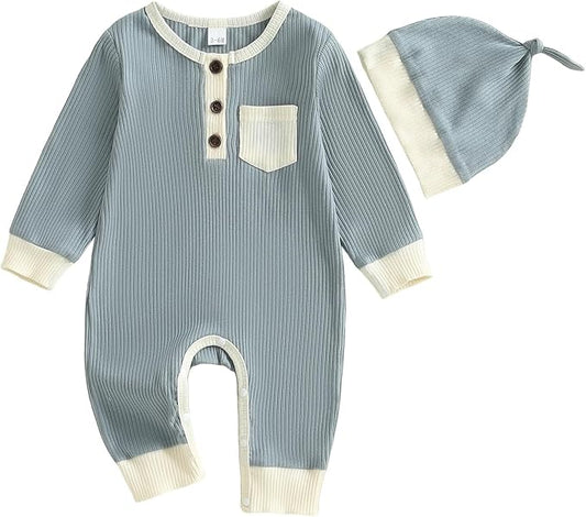 fhutpw Newborn Baby Boy Clothes Ribbed Knit Bodysuit 3 6 Months Infant Fall Long Sleeve Splicing Color Romper Jumpsuit & Hat