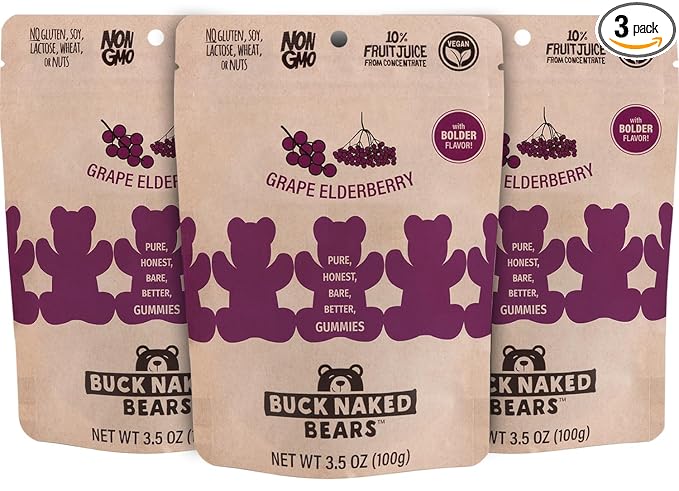 Buck Naked Bears - Grape Elderberry Gummy Bears - Soft, Smooth, and Sweeter Like a Fruit Snack - Plant-Based Gummies Good Snack Choice - Non-GMO - Clean Label Gummy Candy, Vegan - 3.5oz 3-Pack