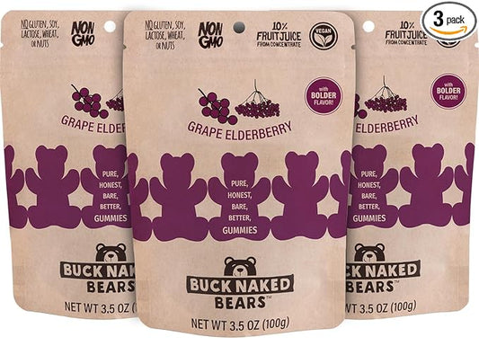Buck Naked Bears - Grape Elderberry Gummy Bears - Soft, Smooth, and Sweeter Like a Fruit Snack - Plant-Based Gummies Good Snack Choice - Non-GMO - Clean Label Gummy Candy, Vegan - 3.5oz 3-Pack