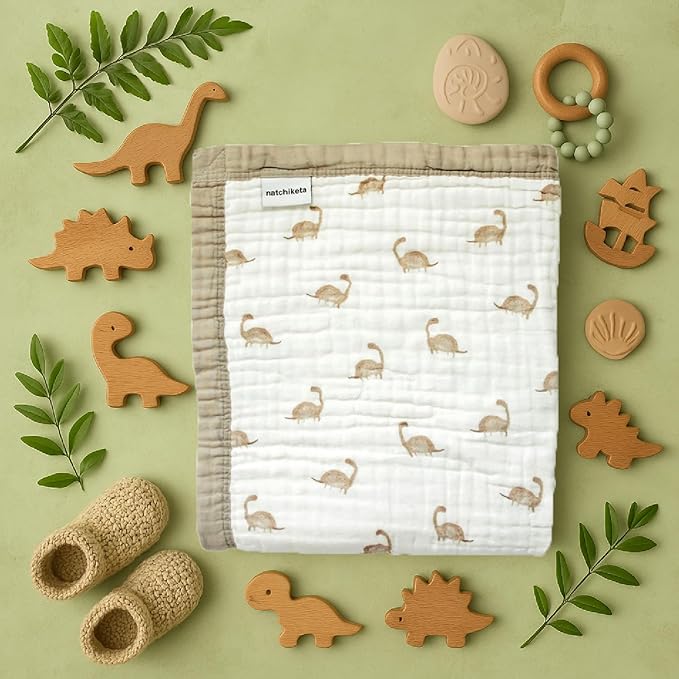 Organic Cotton Muslin Baby Blanket for Boys & Girls - Luxurious Soft Toddler Quilt for Swaddling - Gender Neutral Blankets - Great Dinosaur
