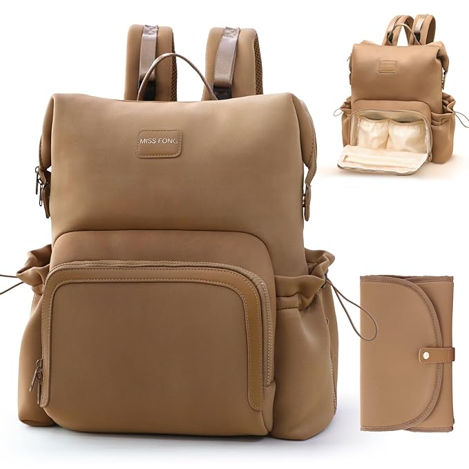 miss fong Diaper Bag Backpack - Baby Diaper Bag Neoprene Bag Large Capacity Neoprene Backpack with Diaper Changing Pad Travel Diaper Backpack Baby Backpack with 12 Pockets for Mom & Dad -Brown