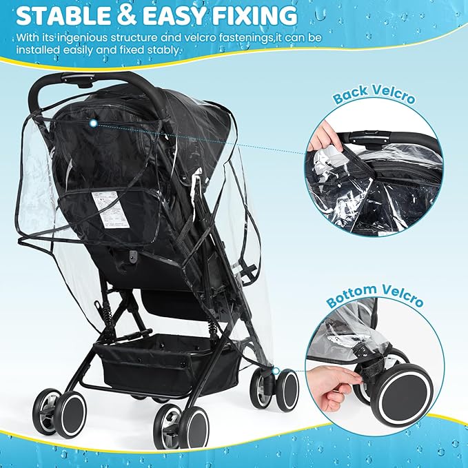 Universal Clear Stroller Rain Cover, No-zip Waterproof Stroller Cover - Food Grade EVA, Baby Travel Weather Shield, Breathable Rain Cover for Most Single Strollers, Joggers Accessories for Rain, Black