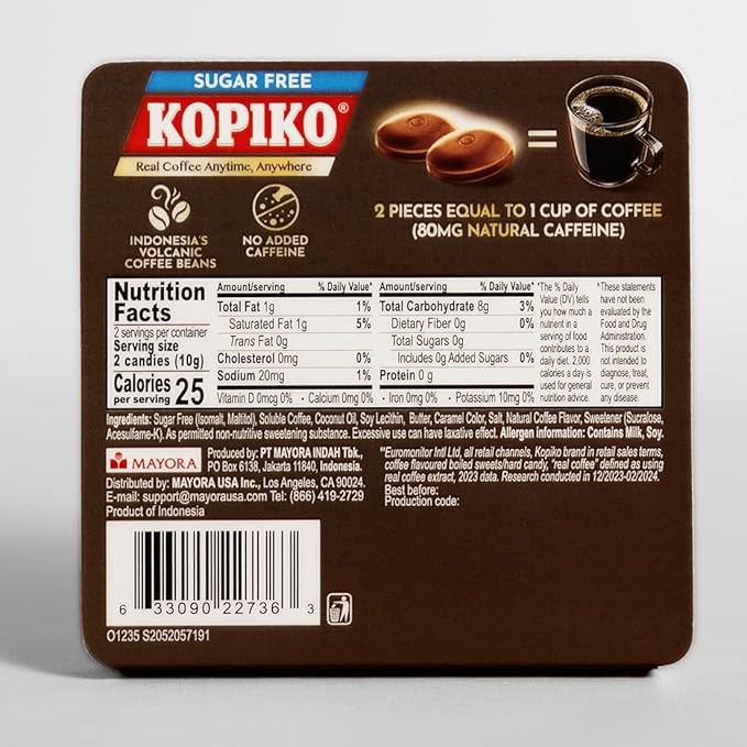 Kopiko Focus Coffee Candy – Have 80mg Caffeine per 2 Pieces for Energy & Mental Focus – Sugar-Free Hard Candy with Real Indonesian Coffee Extract (12 Pack w/4 Candies Each)