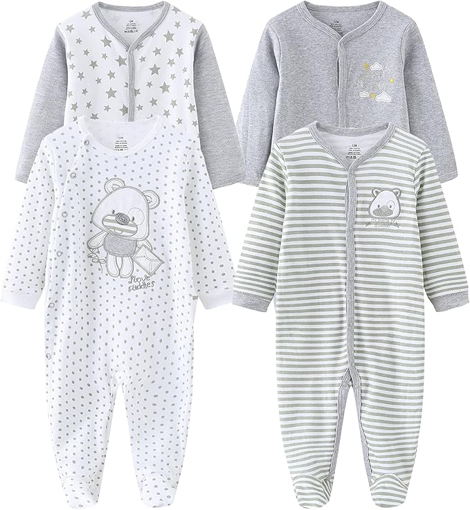 Baby Boys Girls Footies One-Piece Romper Long-Sleeve Jumsuit Cotton Newborn Clothes Set 4-Pack, Baby Pajamas