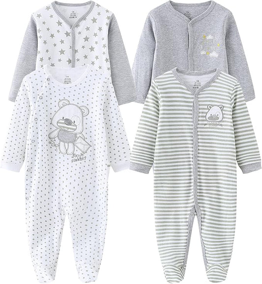 Baby Boys Girls Footies One-Piece Romper Long-Sleeve Jumsuit Cotton Newborn Clothes Set 4-Pack, Baby Pajamas