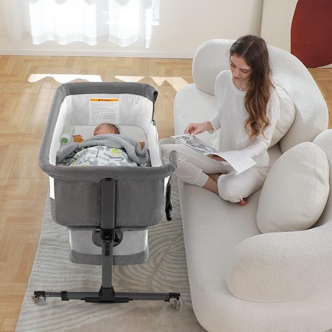 Ihoming Bassinet Bedside Sleeper for Baby, 3 in 1 Convertible Design, lnfant Bed Side Sleeper & Cradle Bassinets, Newborn Bedside Crib Attaches to Bed, Deep Grey