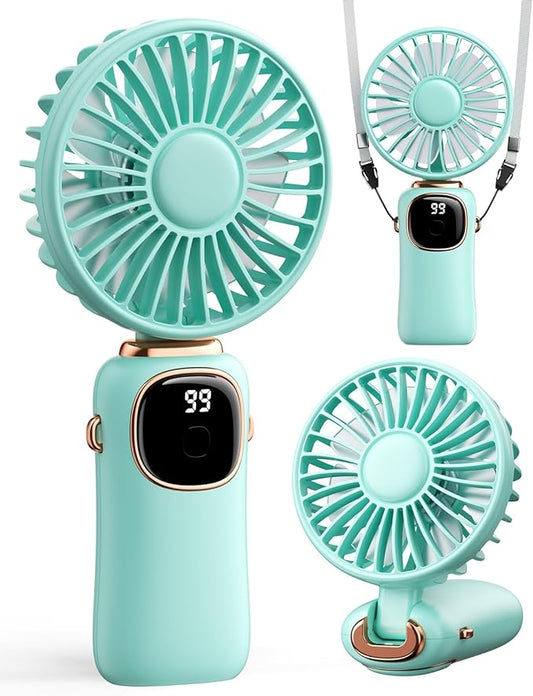 Portable Handheld Fan, 4000mAh Battery Operated Fan with LED Display, Handheld/Neck/Desk 3 in 1 Personal Small Fans, 90° Foldable Desk Fan with Base, 5 Speed Makeup Lash Fan for Women Green