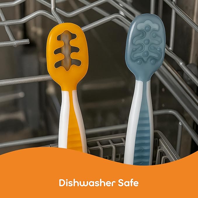 NumNum Baby Spoons Set, Baby Essentials Pre-Spoon GOOtensils for 6+ Months, First Stage Self-Feeding Spoons for Baby Led Weaning (BLW), Silicone Toddler Utensils, BPA-Free, 2 Pack Blue/Yellow