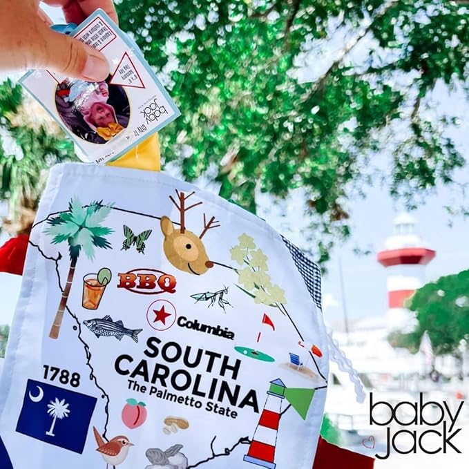 Baby Jack & Co 8x8” Learning Lovey South Carolina State Tag Stroller Toy for Babies - Crinkle Toys for Developing Five Senses - Learn About Capitals - Travel with Baby Jack - BPA Free Clip