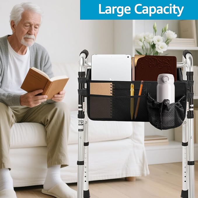 Basket for Walkers for Seniors Detachable, Walker Storage Bags and Pouches Accessories for Rolling Folding Walker to Carry Things, Rollator Walker Foldable Basket with Cup Holder, Gifts for Seniors