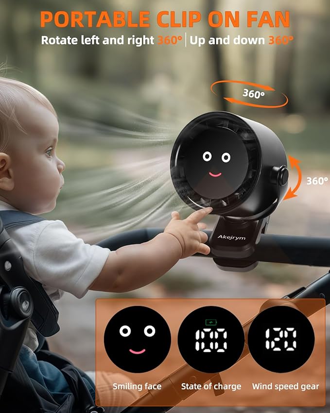 Clip on Fan for Bed, Portable Fan for Travel, 360° Rotate Battery Operated Personal Fan, Air Turbo Tech & Digital display, stroller fan with 5 Speeds, For Home Office Stroller Camping - Black