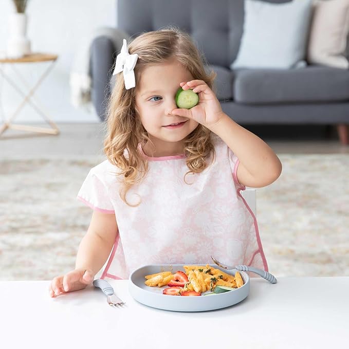 Bumkins - Junior Bib - For Boys & Girls, Toddlers & Kids 1-3 Years - Lightweight, Durable, Waterproof - Short Sleeve Bib - Catch-All Pocket - Wipeable & Machine Washable - Floral & Lace - 2 Pack