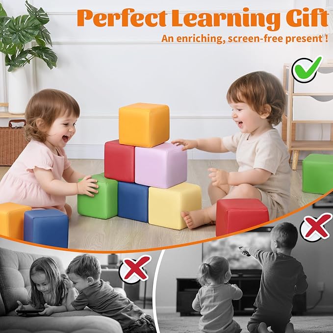Foam Building Blocks for Toddlers：12-Pieces Wipeable Leather Stacking Cubes Kids - Large Soft Toys Play Set for Learning Construction Baby Preschool Daycare Therapy Birthday Gift (Rainbow)