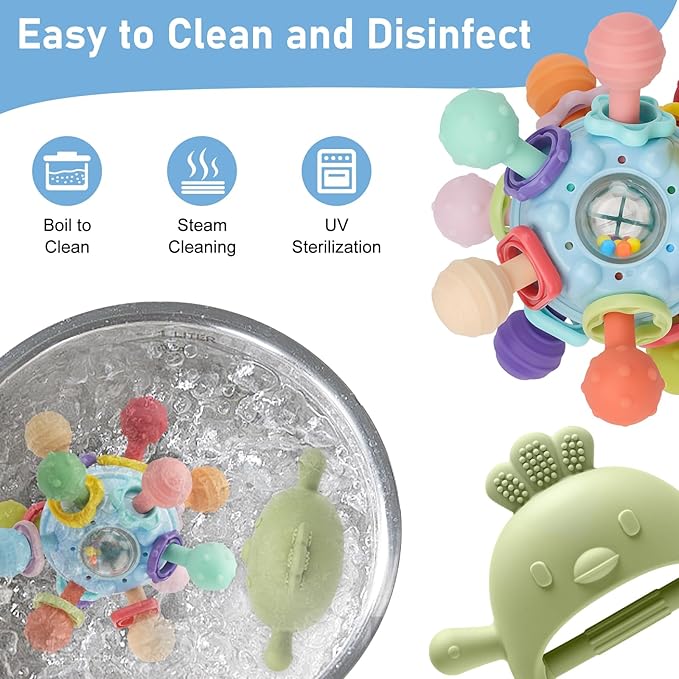 2 Pack Baby Teething Toys 0-6 6-12 Months, Multi-Functional Food Grade Silicone Baby Montessori Sensory Teether Toys & Teething Mittens, Soothing Chew Baby Toys for Newborn Infant Sucking Needs